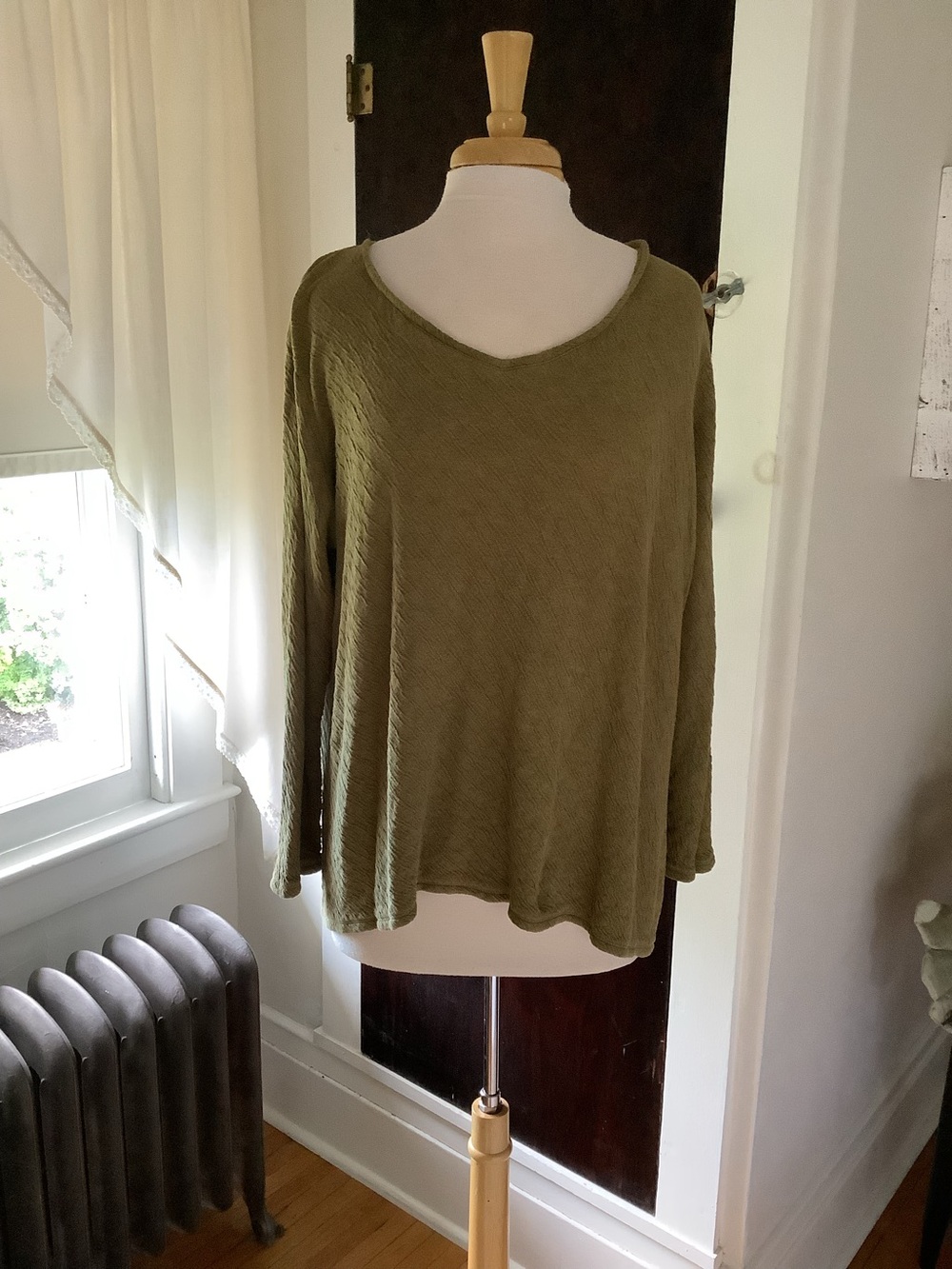 Pure Jill Olive Green Long-Sleeve Silk V-Neck Women’s Top